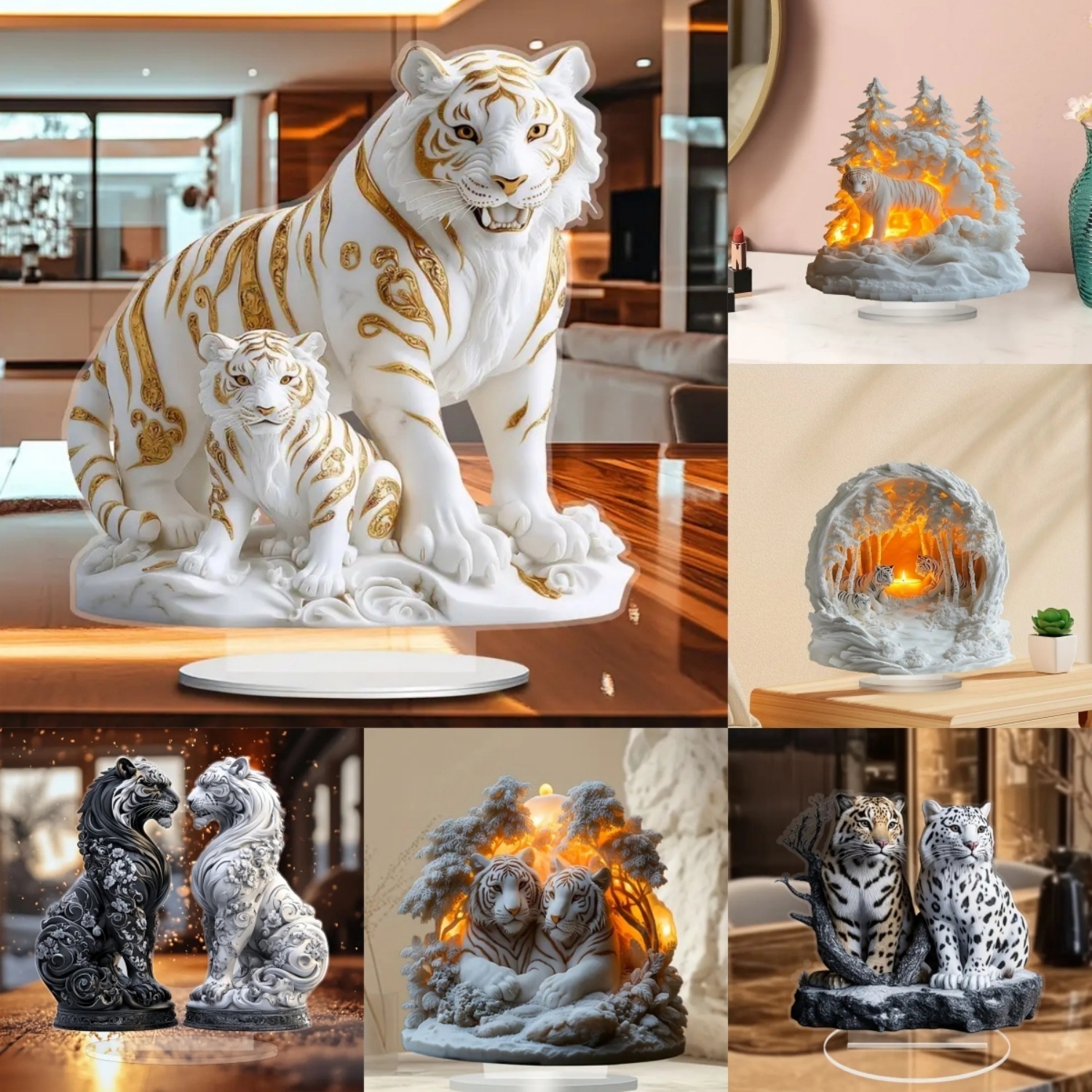 Office Furniture Desk - Two Tigers Statue,2D Flat Animals Acrylic